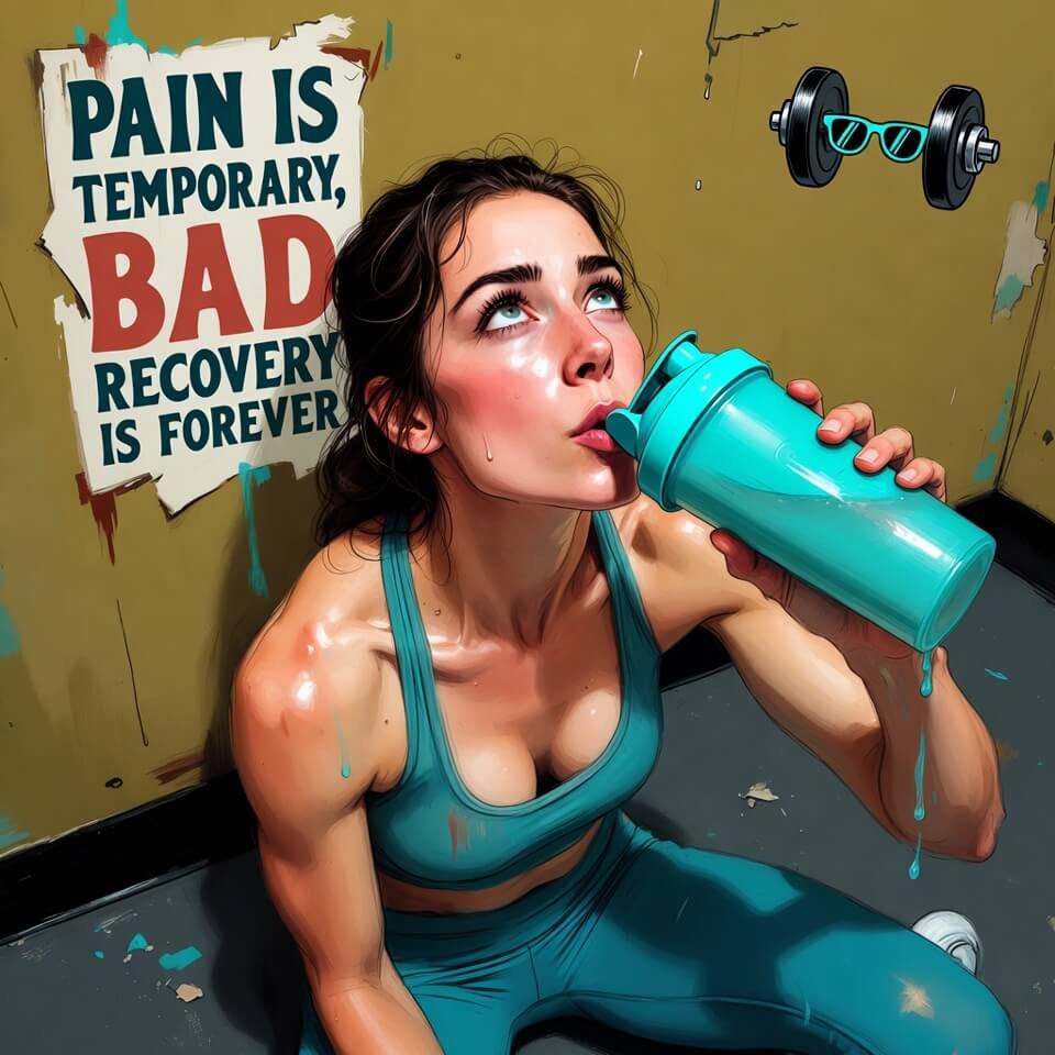 Exhausted runner drinking leaking turquoise shaker, retro poster behind