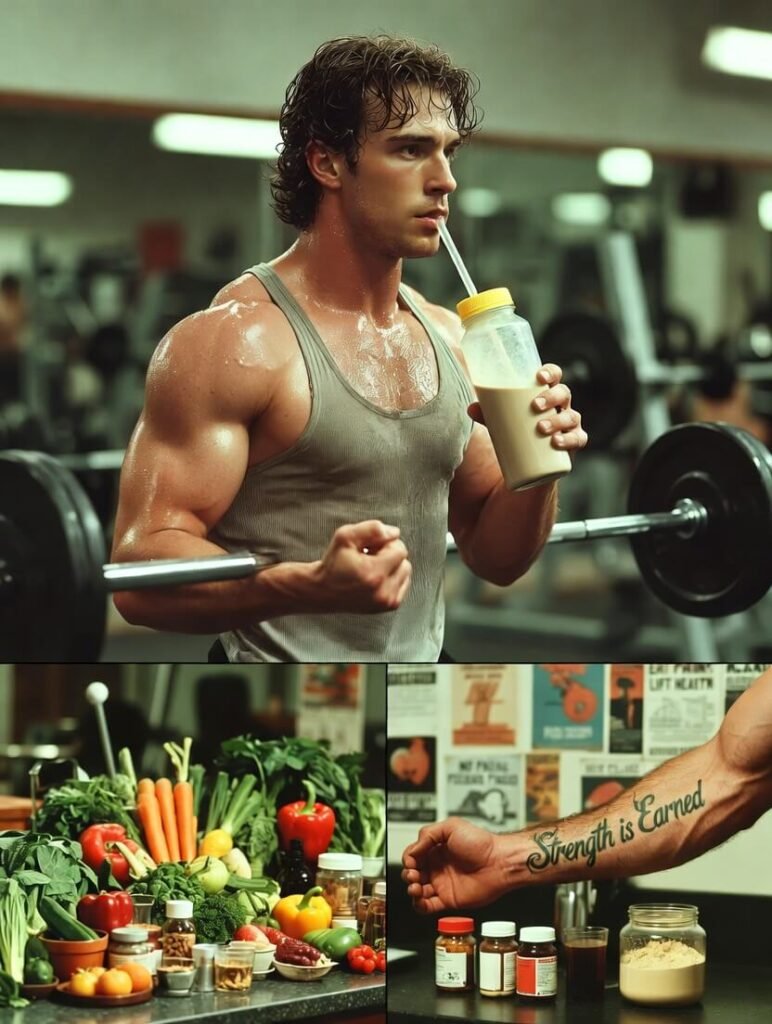 Messy kitchen with chicken, protein tub, and dumbbell