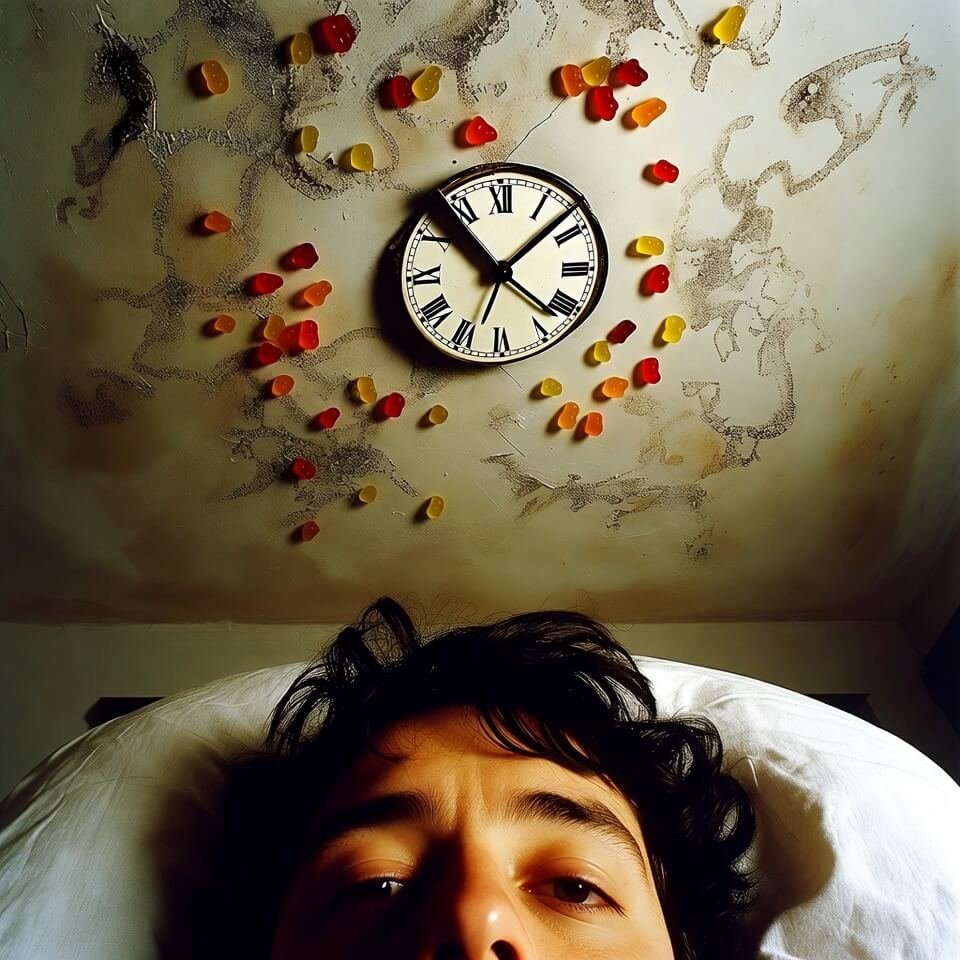 Featured Image
Tired POV view of ceiling stains, broken clock, and scattered gummies
