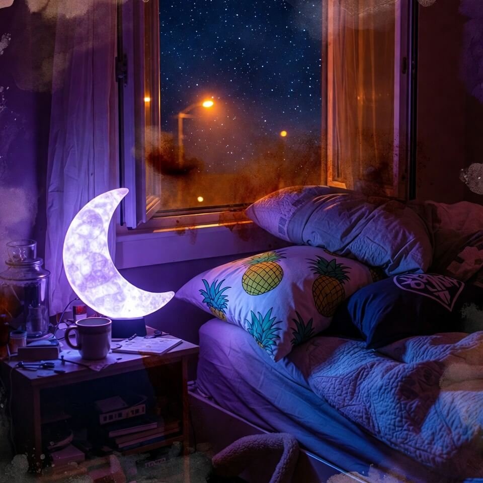 Dreamy messy bedroom with glowing moon lamp and city night glow.