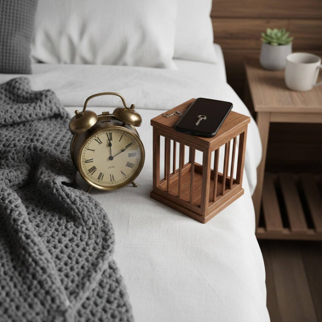 My phone locked in a "timeout" box on my retreat nightstand