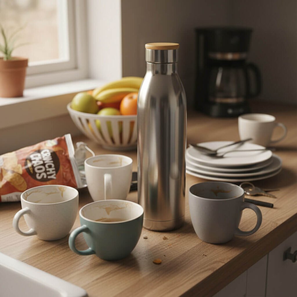 Sleek water bottle standing among cluttered, dirty coffee cups.