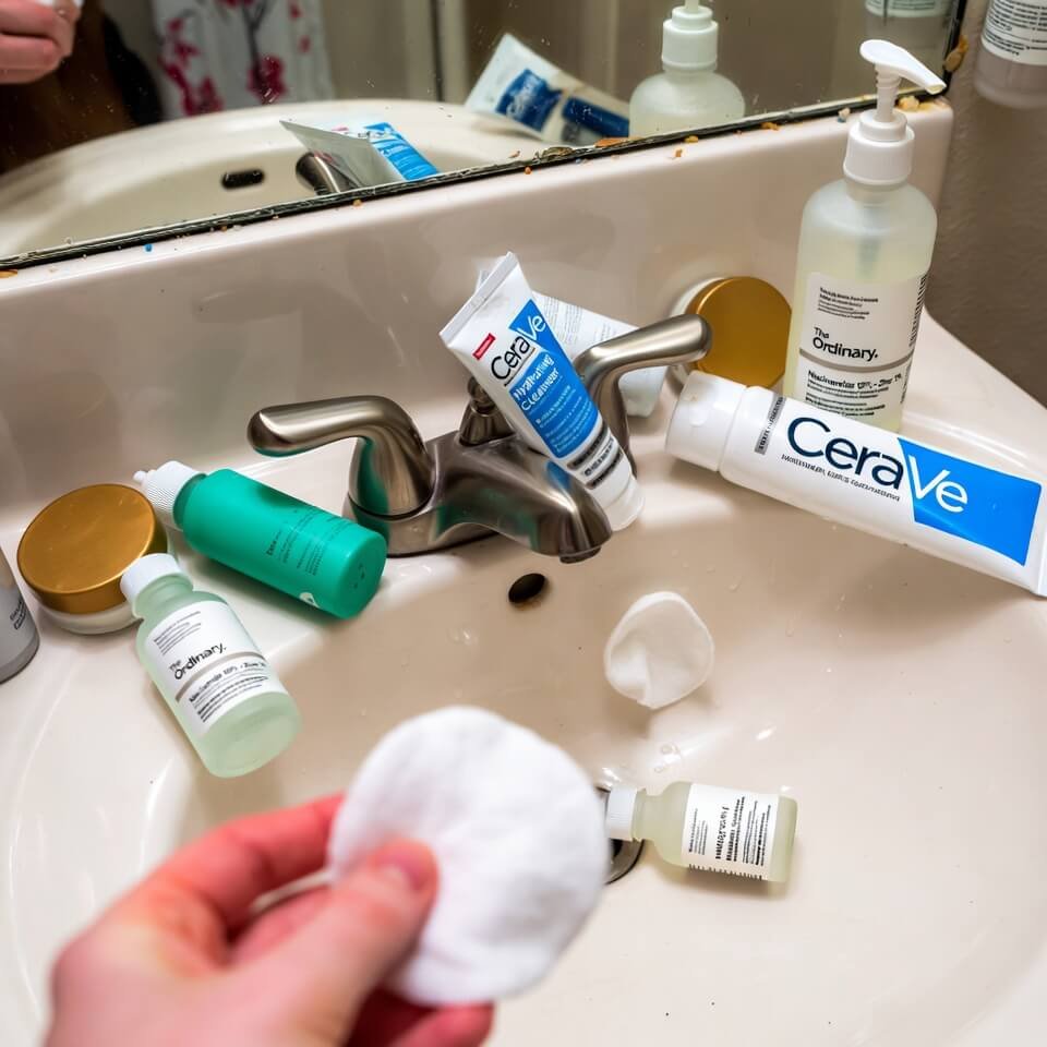 Low-angle cluttered sink with CeraVe tube, Ordinary bottle, and cotton pad.