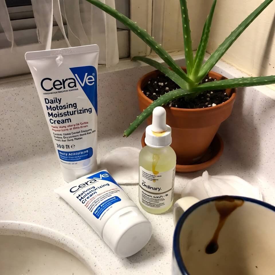 Messy bathroom counter with CeraVe, hyaluronic acid, aloe plant, and coffee stain.