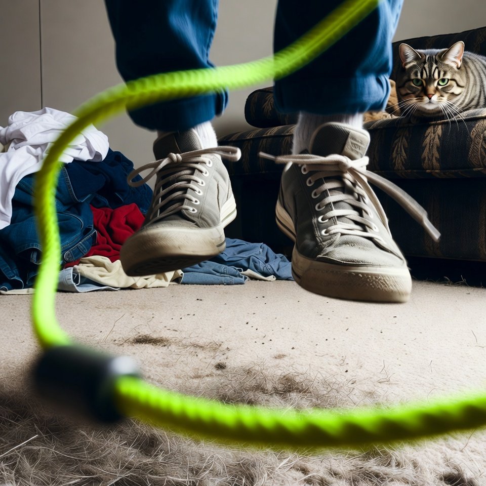 Worn sneakers jumping rope with unimpressed cat watching from couch.