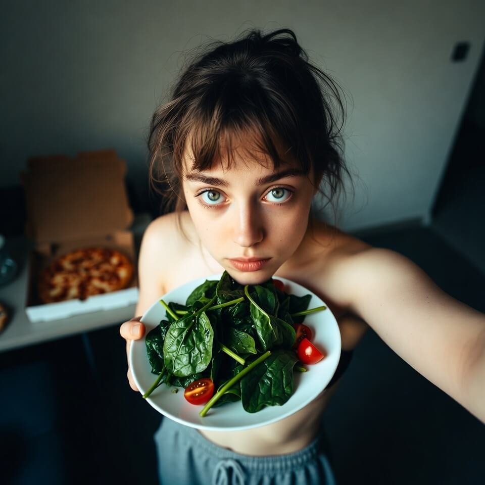 Tired person holding wilted spinach salad and pizza box