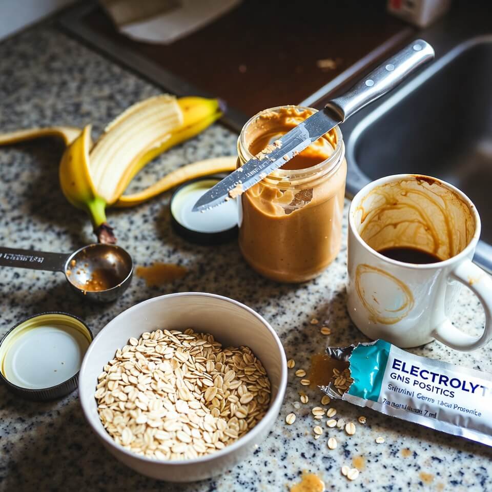 Messy 7 a.m. kitchen counter with spilled oats and peanut butter