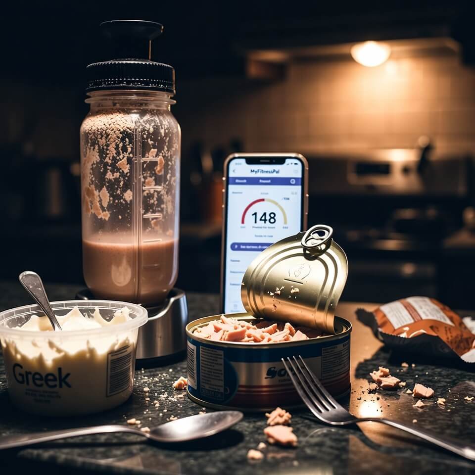 Messy counter with tuna, protein shake, and 148g protein log