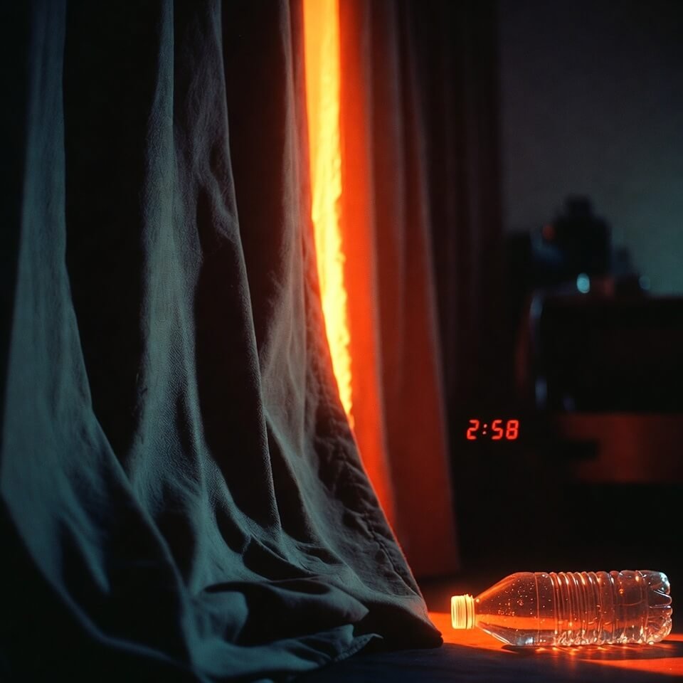 Sagging blackout curtain pierced by angry orange streetlight beam at 2:58 a.m.