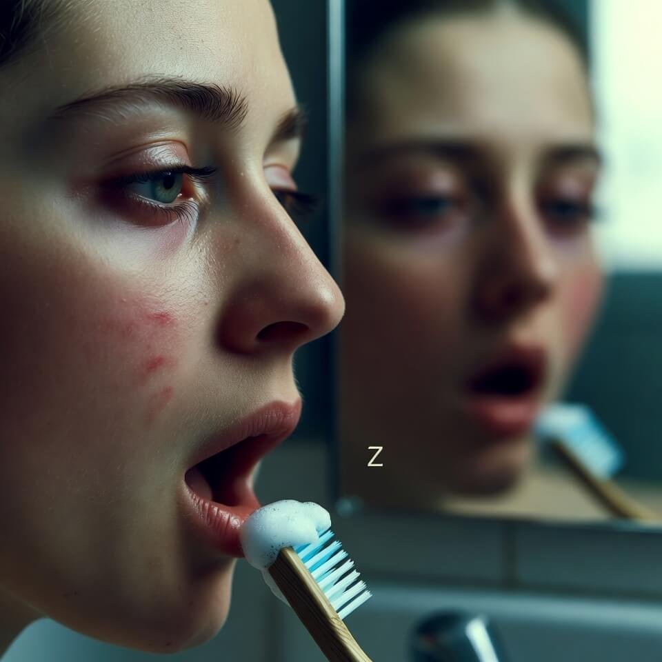 Exhausted face yawning in mirror, red CPAP marks, mocking Z.