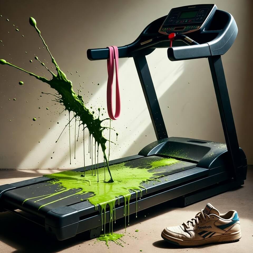 Low-angle view of dusty treadmill with green smoothie splatter