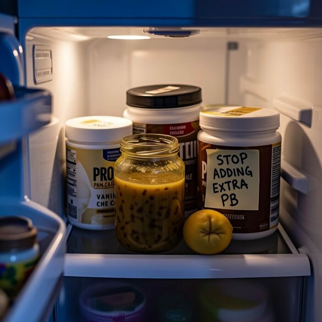 Messy fridge with protein tubs, pickle jar, and "STOP EXTRA PB" note