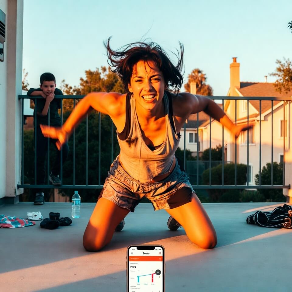 Intense burpee on terrace with curious kid watching