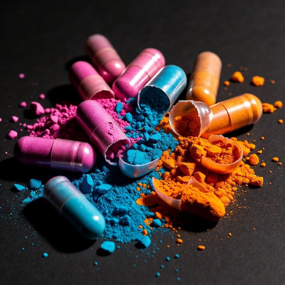 Ripped supplement capsules spilling bright pink, blue, orange powders