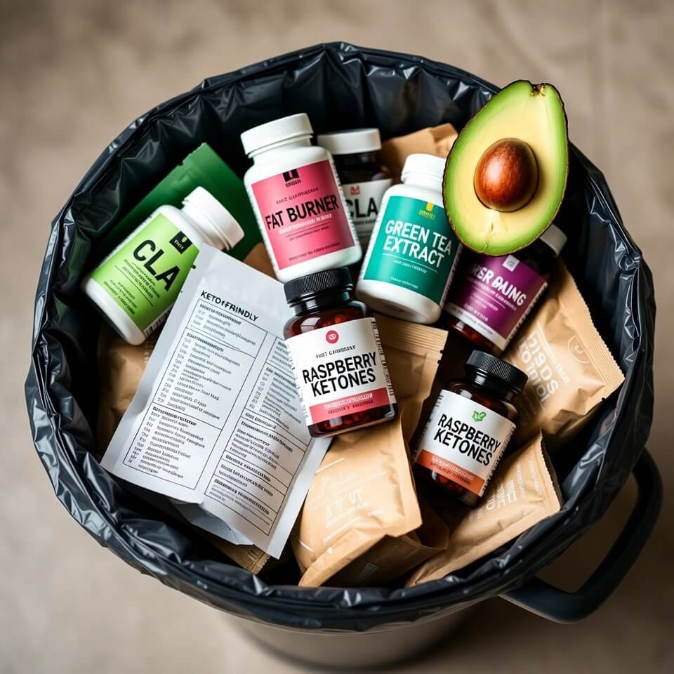 Overflowing trash can of discarded supplements and half avocado