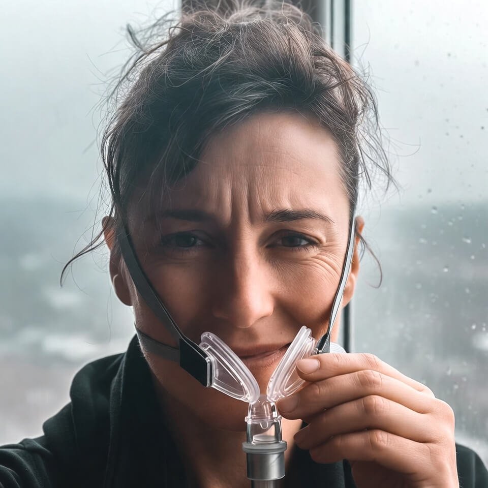 Sleepy half-selfie holding CPAP mask at rainy dawn, messy hair