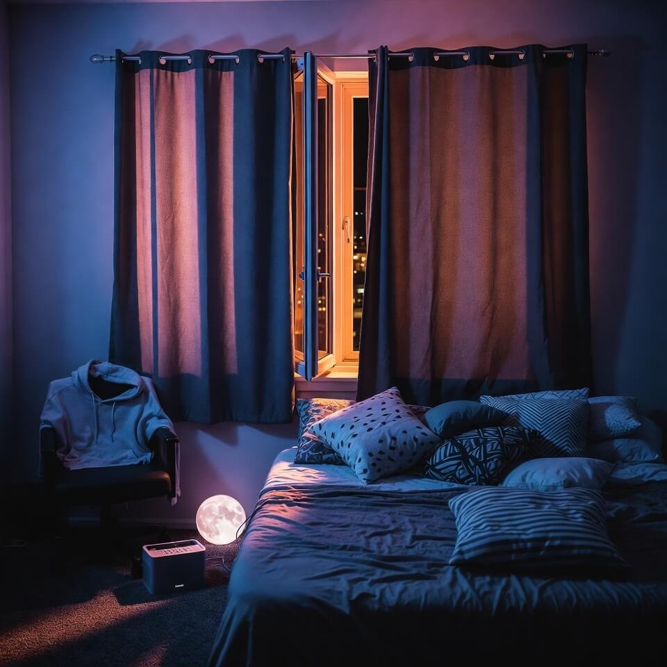 Chaotic bed view: half-open curtains, scattered pillows, dim moon light.
