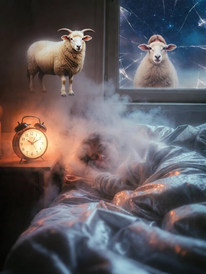 Tired person in bed with floating judgmental sheep therapists