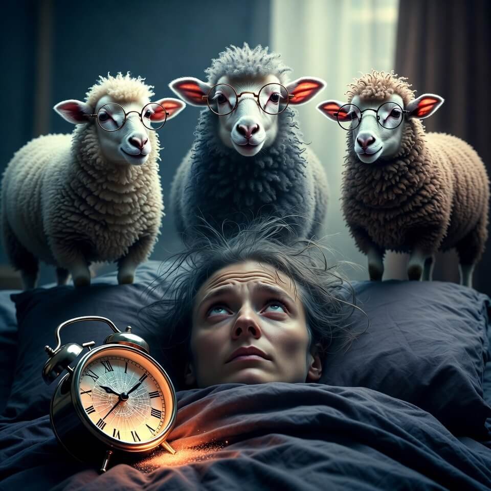 Tired person in bed with floating judgmental sheep therapists